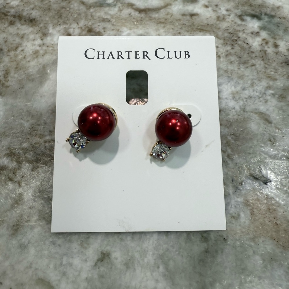 Charter Club Burgundy Pearl and Crystal Earrings
